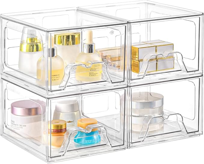 4 Pack Stackable Makeup Organizer, 4.4'' Tall Acrylic Bathroom Makeup Organizer and Storage Drawer with Pull-out Handle, Clear Plastic Storage Bins for Vanity,Pantry,Desk,Undersink,Kitchen