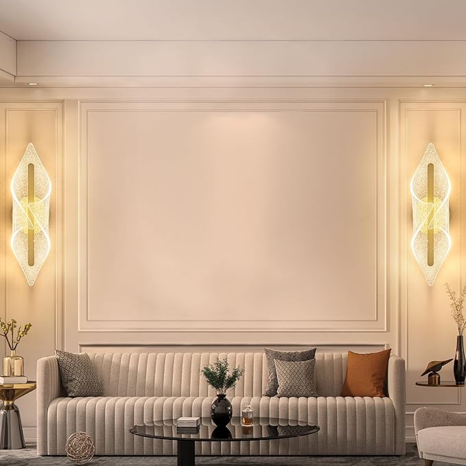 Hardwired Wall Sconce 22.4Inch, Modern Gold LED Wall Lamp with Remote Control Dimmable Acrylic Wall Lighting for Living Room Hallway Bedroom Stairs