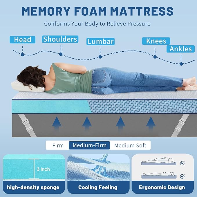 MEISHANG 3 Inch Queen Size Cooling Memory Foam Mattress Topper for Pain Relief-Breathable Night Sweats Non-Slip Density Foam & Removable Zipper Washable Cover - White