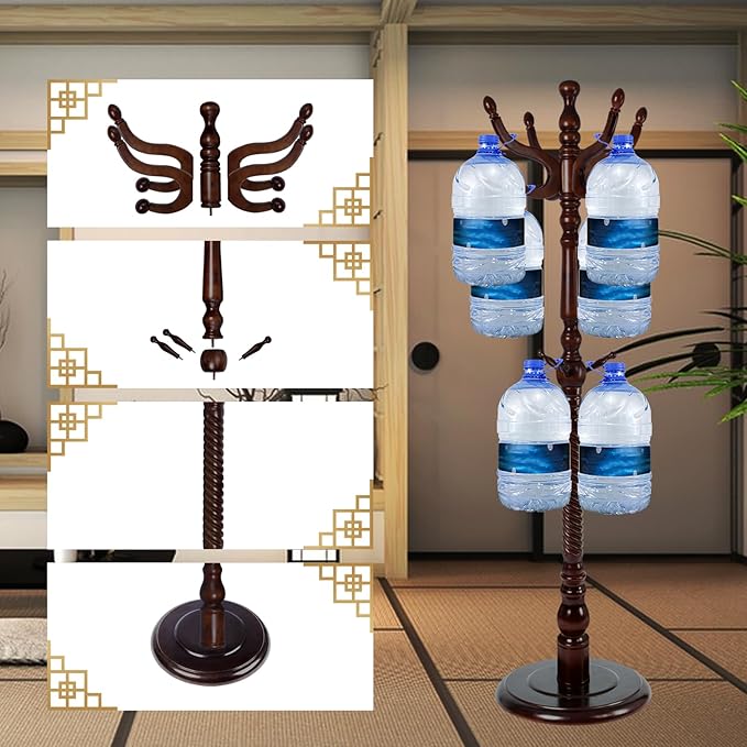 Coat Rack Freestanding, Wooden Tree Coat Rack Stand with 2 Adjustable Sizes Coat Tree and 11 Hooks, Sturdy Hall Tree with Tri-Legged Base for Entryway, Hallway, Bedroom (Walnut-Solid Round Base)