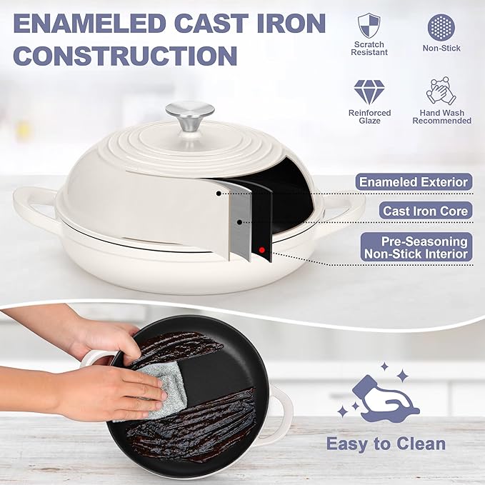 TeamFar Cast Iron Bread Dutch Oven, 6 Qt Enameled Dutch Oven Pot for Sourdough Bread Baking, with Tall Dome Lid & Round Base Pan, Self-Basting & Even-Heating, Heavy-Duty & Non-stick, White