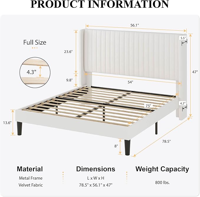 SHA CERLIN Full Size Velvet Bed Frame with Vertical Channel Tufted Wingback Headboard, Upholstered Platform Bed with Wood Slats, No Box Spring Needed, Easy Assembly, White