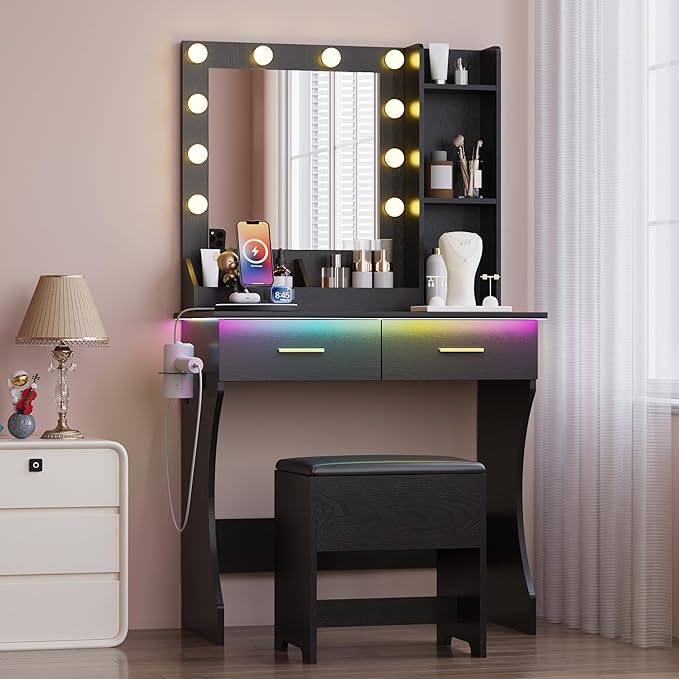 Black Vanity Mirror with Lights Desk and Chair, Small Makeup Vanity Set with Charging Station, Dressing Table with 2 Large Drawers, RGB Ambient Light, 3 Lighting Modes & Adjustable Brightness