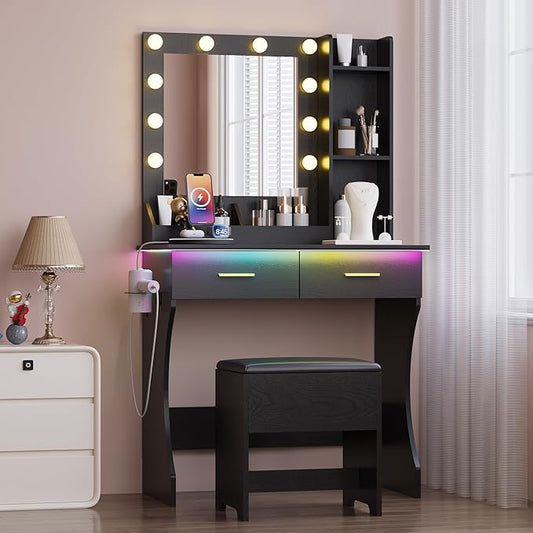 Black Vanity Mirror with Lights Desk and Chair, Small Makeup Vanity Set with Charging Station, Dressing Table with 2 Large Drawers, RGB Ambient Light, 3 Lighting Modes & Adjustable Brightness