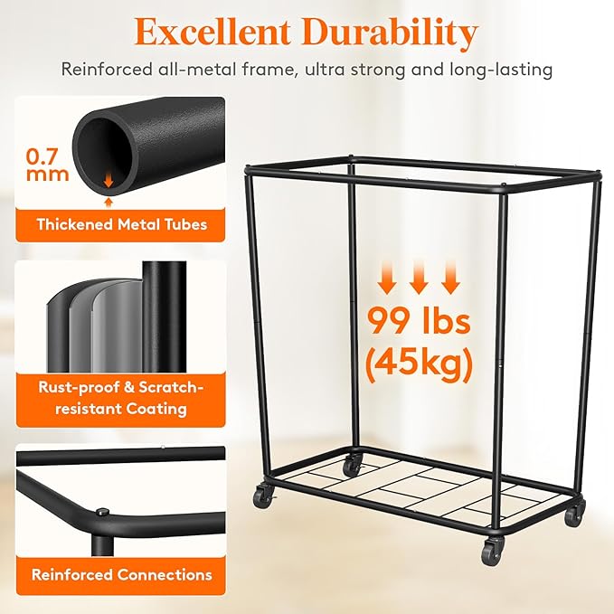 Lifewit 240L Laundry Basket with Wheels, Large Heavy Duty Commercial Rolling Laundry Hamper with Handles, Tall Steel Frame Laundry Cart for Laundry Room Bedroom Hotel Home Dorm, Black