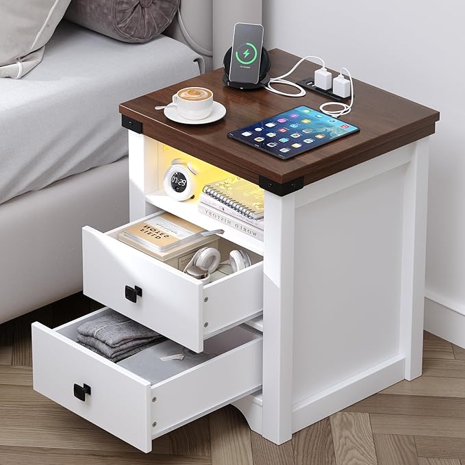 Farmhouse 2 Drawers Dresser for Bedroom, Nightstand with LED Lights, Wooden Dresser Side Table with 2 Storage Drawers, Wooden End Table for Bedroom, White