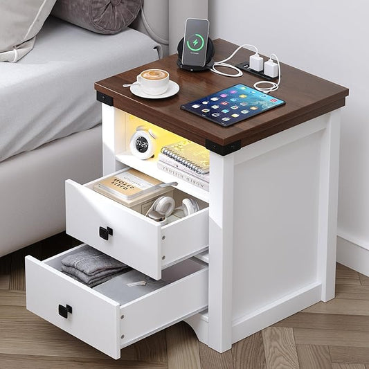 Farmhouse 2 Drawers Dresser for Bedroom, Nightstand with LED Lights, Wooden Dresser Side Table with 2 Storage Drawers, Wooden End Table for Bedroom, White