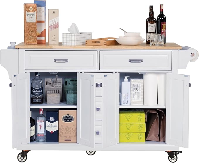 Generic 60.5"" Kitchen Island on Wheels, Rolling Island Table for Kitchen with Double Storage Cabinet and 5 Drawers, Portable Kitchen Cart with Rubber Wood Top, White, Large
