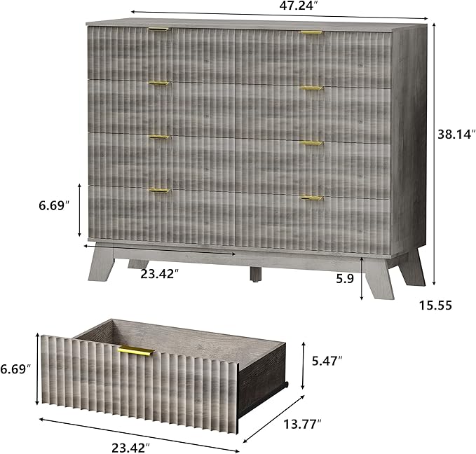 Fluted Dresser for Bedroom, 8 Drawer Dressers & Chest of Drawers, Mid Century Modern Dresser for Closet Boho Bedroom Furniture, Nature Wood Chest of Drawers Storage Organizer for Living Room,Grey
