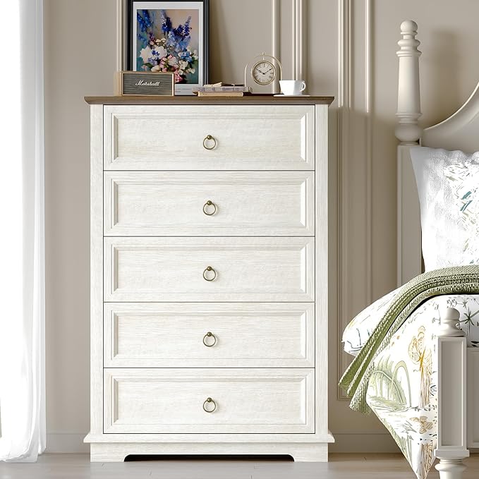 5 Drawer Dresser, Chest of Drawers with Double Anti-Tip, Modern Tall Dresser Organizer for Bedroom, Living Room & Hallway – Easy Assembly Storage Cabinet, White