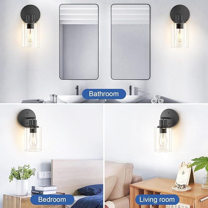GORDNWE 1-Light Bathroom Wall Sconce, Matte Black Vanity Light, Modern Wall Light Fixture with Clear Glass Shade and E26 Bulb Base, Wall Lamp Wall Mount Light Fixtures for Mirror, Bedroom, Hallway