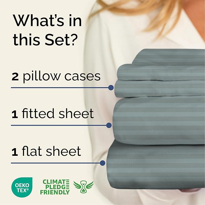 Striped Sheets - Green Striped Sheets - 1 Flat & 1 Fitted & 2 Pillowcases w/ Deep Pockets – Comfy, Wrinkle & Fade Free - Ultra-Soft, Breathable & Cooling – Luxury Pinstripe Bedding - Full Size Bed Set