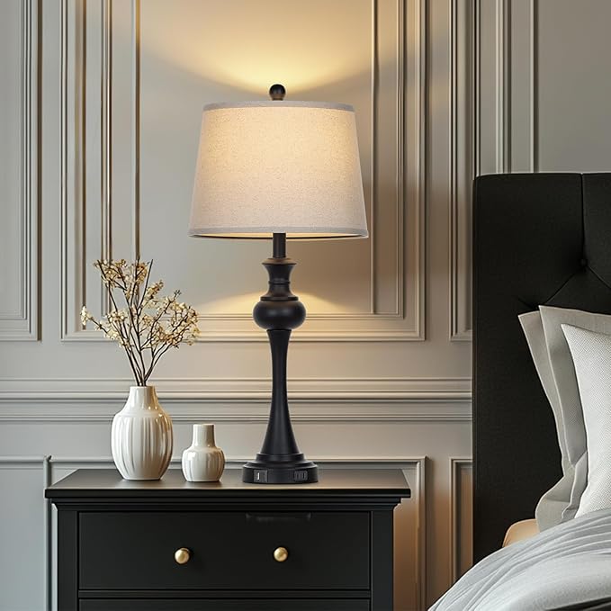 28.75'' Modern Black Metal Table Lamps Living Room Lamp for Nightstand Bedside End Lamp Home Decor Touch Lamp Modern Lamps with USB A+C Ports & Outlets （Bulb Included）