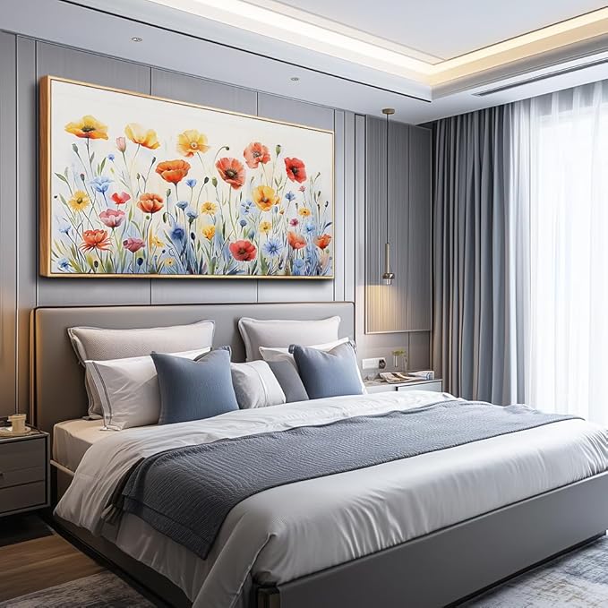 PHAOHUAXM Large Canvas Wall Decor For Living Room Wall Art For Bedroom Modern Gable art Framed Beach Posters Ink-Wash Flower Painting Dining Room Print Artwork Mural Home Decor Wood Frame 30"X60"