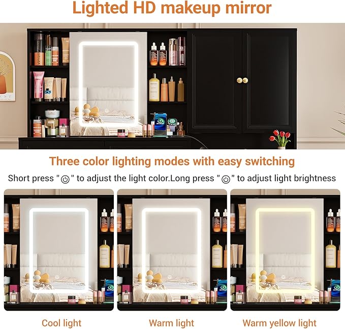 Large Black Vanity Desk with Sliding Mirror & Lights, Big 58.6" Makeup Vanity Table & Nightstand Combo with Power Outlet and 6 Drawers 15 Shelves with Light Strips for Bedroom