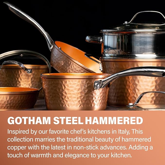 Gotham Steel Hammered 15 Pc Ceramic Cookware Set Nonstick, Deep Copper Pots and Pans Set Non Stick with Bakeware & Deep Fry Pan, Non Toxic PFOA PFOS Free, Induction Oven and Dishwasher Safe