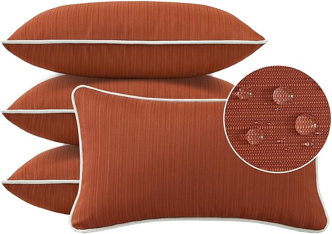 Decorative Outdoor Water Repellent Throw Pillows with Inserts, Set of 4, 20" x12" Pillows for Patio, Backyard, Bed, Couch, and Patio Furniture, Tangerine
