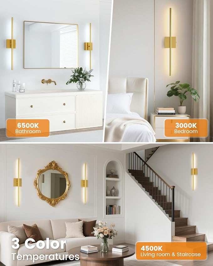 VOLISUN Battery Operated Wall Sconce Set of Two, Gold Rechargeable Wall Lights with Remote Control, 3000K-6500K Dimmable Wall Lamp, 27.6 Inch LED Wireless Wall Lights for Bedroom, Living Room,Hallway