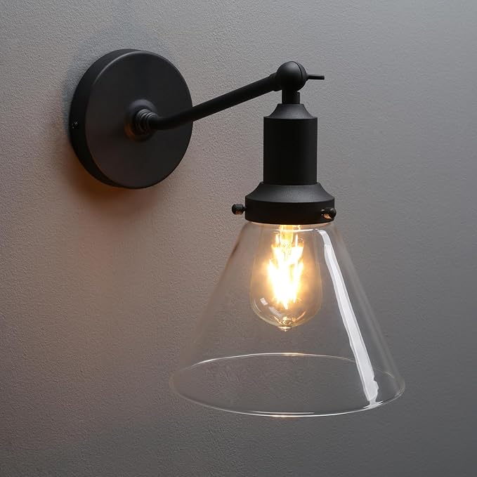 PERMO Industrial Vintage Slope Pole Wall Mount Single Sconce with Funnel Flared Clear Glass Shade Wall Sconce Light Lamp Fixture (Black)