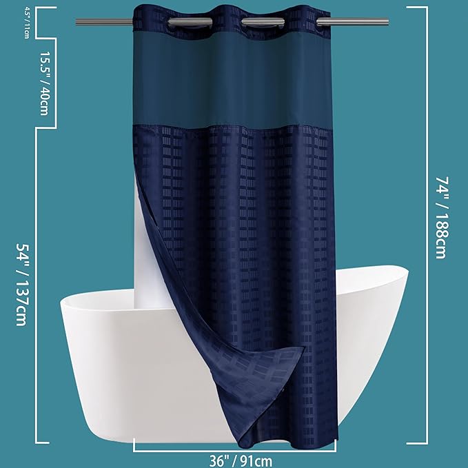 Conbo Mio Stall No Hook Shower Curtain with Snap in Liner Set, Hotel Luxury Navy Blue Shower Curtains for Bathroom with See Through Top Window, Waterproof, Washable 36W x 74H