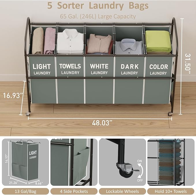 5-Section Laundry Sorter Cart, Large Laundry Hamper with Lockable Rolling Wheels, Versatile Storage Organizer with Removable Bags for Dirty Clothes, Gray