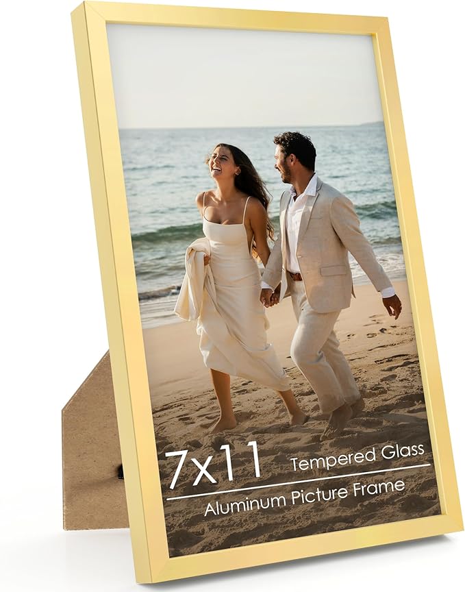 7x11 Metal Picture Frame - Gold Aluminum Picture Frames with Real Glass, Wall Mounting Horizontally or Vertically, Simple and Elegant Decor for Wall Gallery Poster Photo 11x7 Frame, Gold