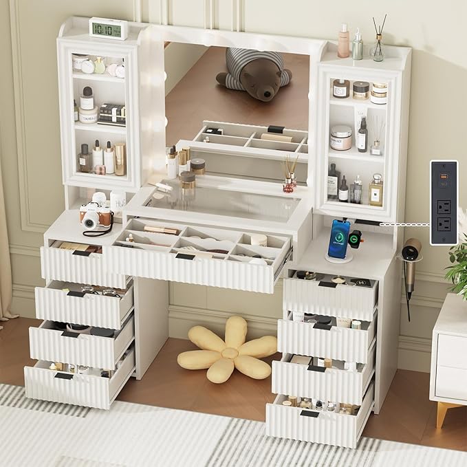 55" Fluted Makeup Vanity Desk with Large Mirror and Lights, Modern Glass Top Big Vanity Table with 9 Drawers & Open Storage Shelves, Dressing Table w/Charging Station for Bedroom, White