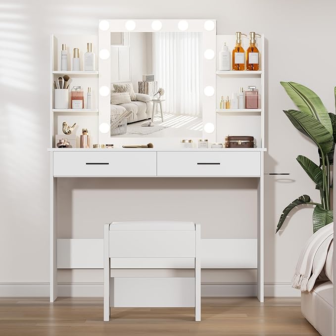 Vanity Desk with Mirror and Lights, 3-Color Lights Adjustable Brightness, White Vanity Makeup Desk with Drawer & Charging Station, Large Dressing Table Make Up for Bedroom