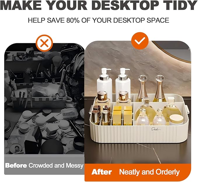 DASITON Large Capacity Makeup Organizer,12 Slots Makeup Brush Holder,Makeup Storage with Handle,Vintage Striped Cosmetic Organizer for Bathroom Countertops,Desk Storage Container(Cream)