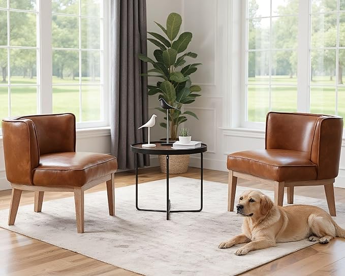 Barrel Chairs Set of 2 Mid Century Modern Accent Chairs with Solid Wood Leg Upholstered Reading Arm Chair Faux Leather Waiting Room Round Side Chairs for Small Spaces Living Room Bedroom Office, Brown
