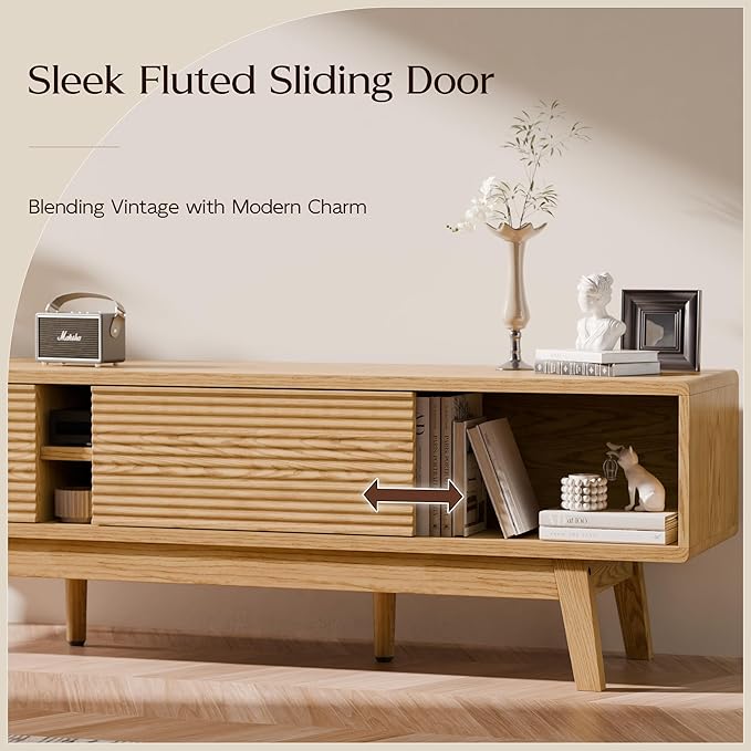 59" TV Stand, Mid Century Modern Television Stand for 43/55/65 inch TV, Low Profile TV Console with Fluted Sliding Doors, Boho Light Wood Credenza for Living Room, Oak