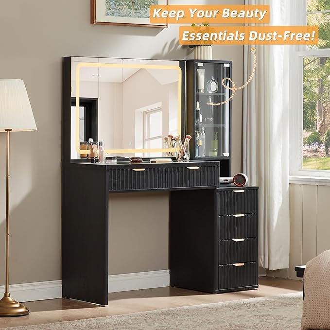 LEYAOYAO Vanity Desk with Mirror and Lights, 43.5'' Fluted Makeup Vanity with 6 Drawers and Adjustable Shelves, Black Wood Make Up Vanity Dressing Table with Glass Top and Power Outlet for Bedroom