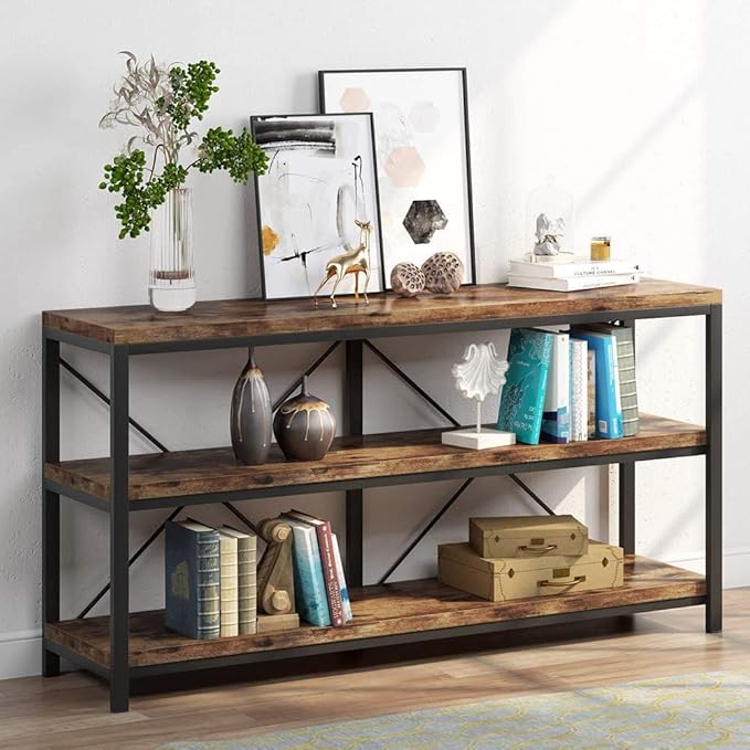 Tribesigns 55 Inches Long Sofa Table with Storage Shelves, 3 Tiers Industrial Rustic Console Table with Open Shelves, Three Decorative Shelf, Open TV Shelf for Living Room, Hallway, Book