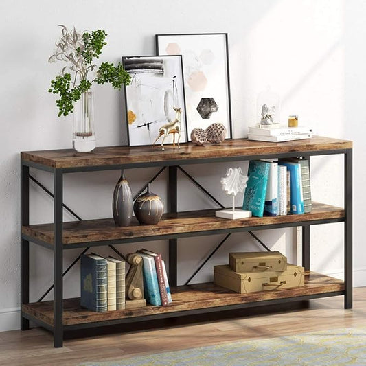 Tribesigns 55 Inches Long Sofa Table with Storage Shelves, 3 Tiers Industrial Rustic Console Table with Open Shelves, Three Decorative Shelf, Open TV Shelf for Living Room, Hallway, Book