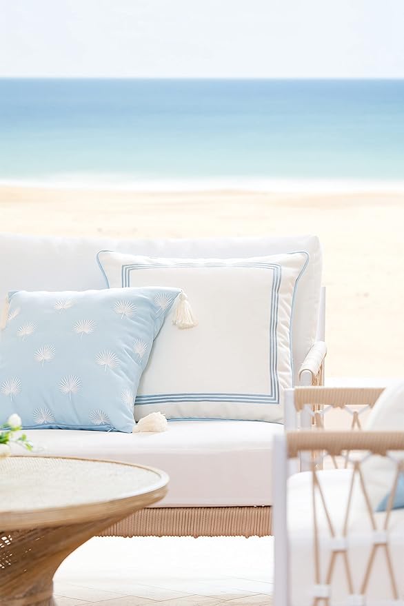 Hofdeco Premium Coastal Hampton Style Patio Indoor Outdoor Throw Pillow Cover Only, 18"x18" Water Repellent Summer for Backyard, Couch, Baby Blue Embroidered Palm Leaf Tassel