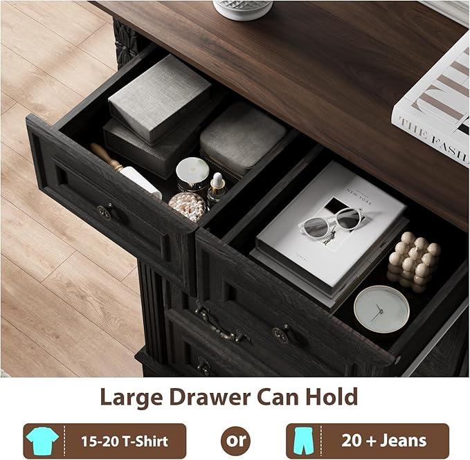 Farmhouse 6 Drawers Dresser, Wood Dressers for Bedroom, Tall 6 Chset of Drawers with Carved Wood Pilasters, Rustic Dressers Organizer for Bedroom, Hallway, Black