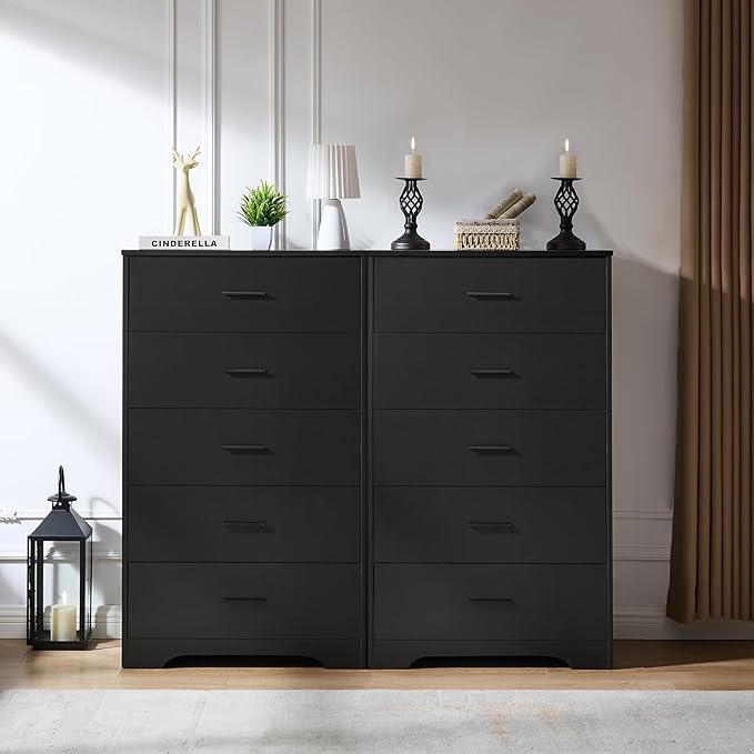 LIDYUK Black Dresser for Bedroom, 5 Drawer Dressers & Chests of Drawers, Modern Wood Dresser, 47 Inches Tall Chest of Drawers for Bedroom, Hallway, Living Room
