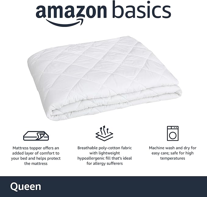 Amazon Basics Hypoallergenic Quilted Plush and Breathable Mattress Topper Pad, 18 Inches Deep, Queen, White