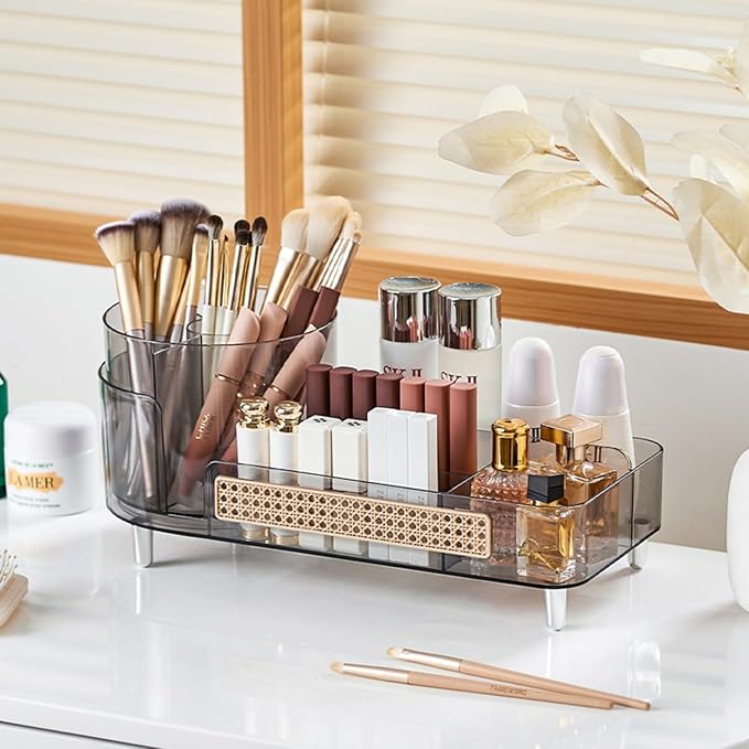 Rotating Makeup Organizer,Large Capacity Countertop Skincare Organizer,2 in 1 Bathroom Makeup Caddy,Cosmetic Display Case (Crystal Clear)