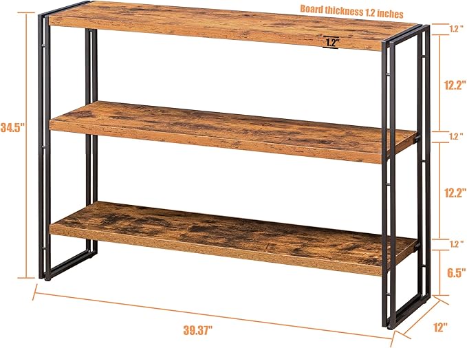 Bookshelf, 3 Tier Horizontal Bookcase, Industrial Book Shelf for Living Room, Home Office, Kitchen, Rustic Brown