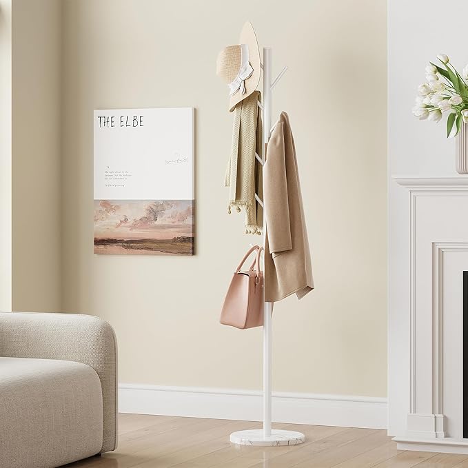 ELYKEN Coat Rack Freestanding with Natural Marble Base, Metal Coat Rack Stand with 10 Hooks, 3 Adjustable Size Coat Tree for Bags, Clothes, and Hats for Entryway, Bedroom, Hallway, Office, White