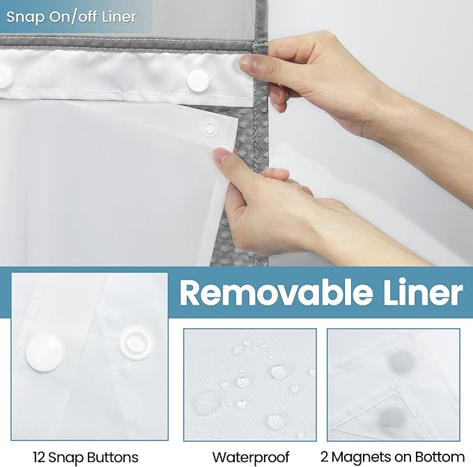 Grey Shower Curtain and Liner Set - 230GSM Waffle Weave Textured Heavy Duty,Hotel Luxury Weighted Bath Curtain,71W x 74H