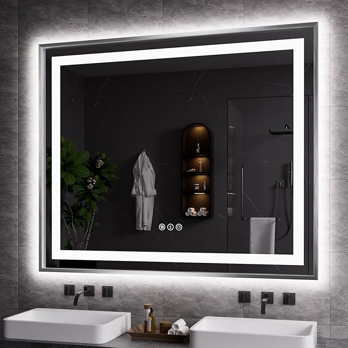 Amorho 48"X40" LED Bathroom Mirror, Brushed Nickel Framed Mirror with Front Light and Backlit, Stepless Dimmable, Anti-Fog, Shatter-Proof, Memory, 3 Colors