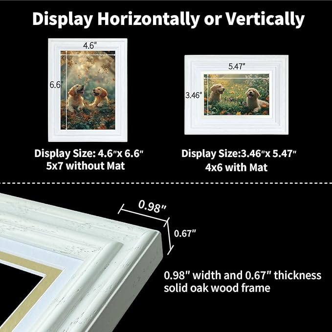 5x7 picture Frame for Wall or Tabletop Oak Wood, 4x6 Picture Frame with Mat,5x7 Premium Photo Frame with Real HD Tempered Glass,Ideal for Home Decor, Art Gallery,White, 1 Pack