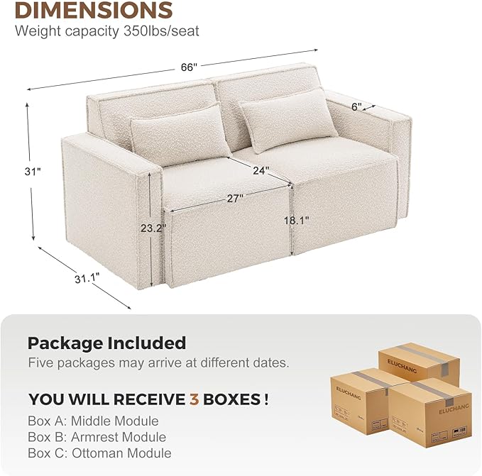 ELUCHANG Oversized Loveseat Sofa,Modern Boucle Sectional Sleeper Sofa with Strong Wood Frame,High Supportive & Soft Sponges Comfy Upholstered Couch Deep Seat Couch for Living Room Apartment White
