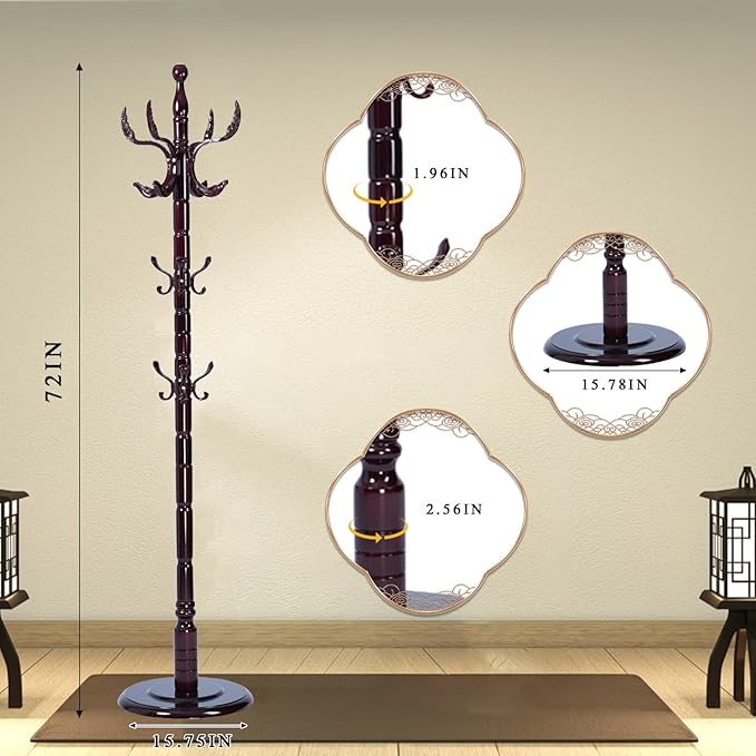 Coat Rack Freestanding, Wooden Tree Coat Rack Stand with 3 Adjustable Sizes Coat Tree and 14 Hooks, Sturdy Hall Tree with Solid Round Base for Entryway, Hallway,Bedroom (Solid Wood Fenghuang Gou)