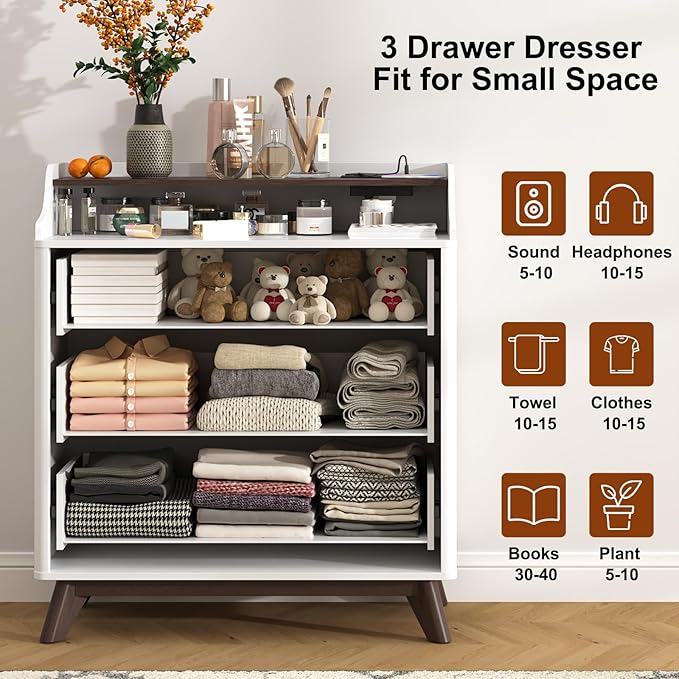 3 Drawer Dressers for Bedroom, 32" Large Wood Storage Dresser & Chest of Drawers with Charging Station, Wide Modern Dressers with 3 Drawer Storage Organizer for Bedroom Living Room Closet, White