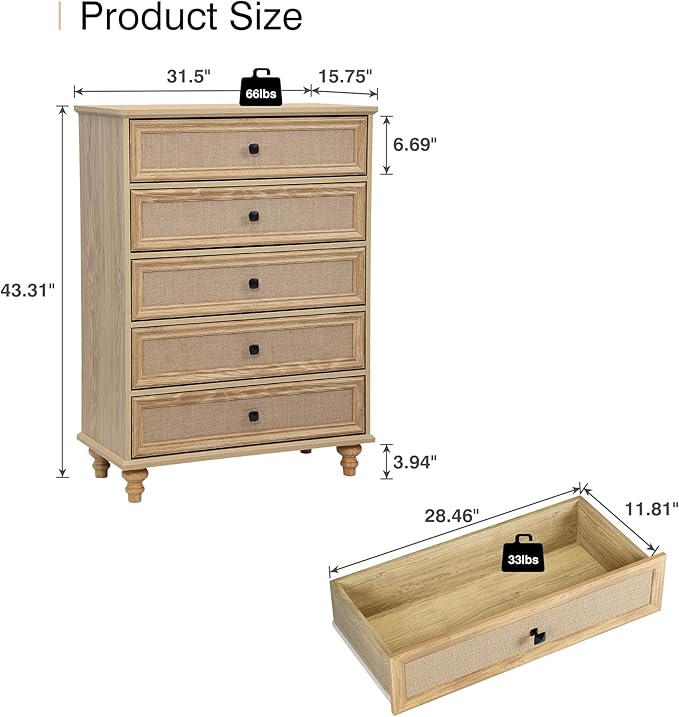 ORRD 5 Drawer Dresser for Bedroom, Mid Century Modern Wide Wood Rustic Chest of Drawers Wooden Storage Organizer Dressers with Burlap Rattan Drawers for Living Room, Hallway Closet, Entryway, Natural