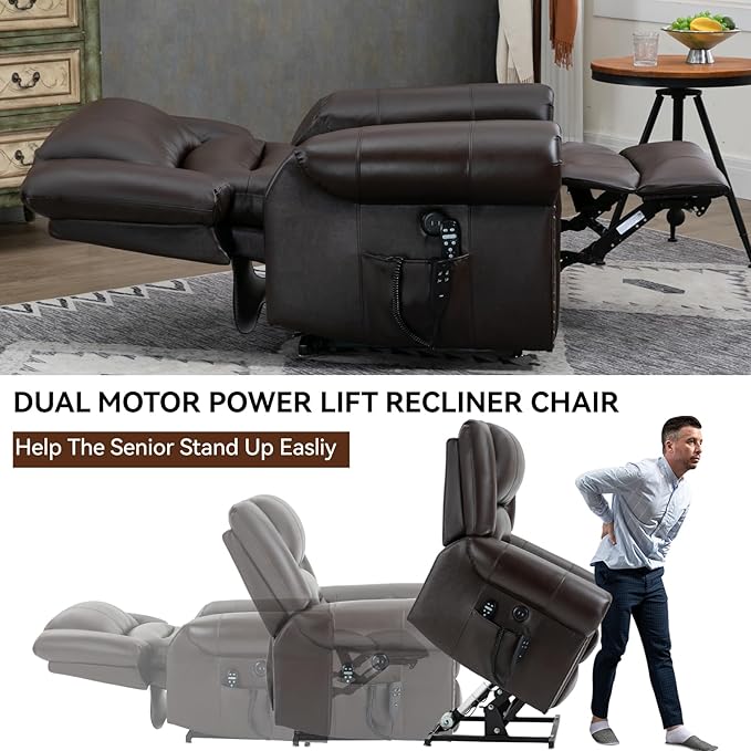 Dual Motor Power Lift Chair, Lay Flat Recliner Chair, Electric Recliner with Massage and Heat for Elderly, Remote Control, Infinite Position, Standing Assistance, USB Ports, Genuine Leather, Brown