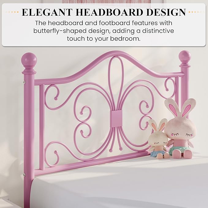 SHA CERLIN Twin Size Bed Frame for Kids,Metal Bed Frame with Butterfly Pattern Design Headboard and Footboard,No Box Spring Needed,Easy Assembly,Pink